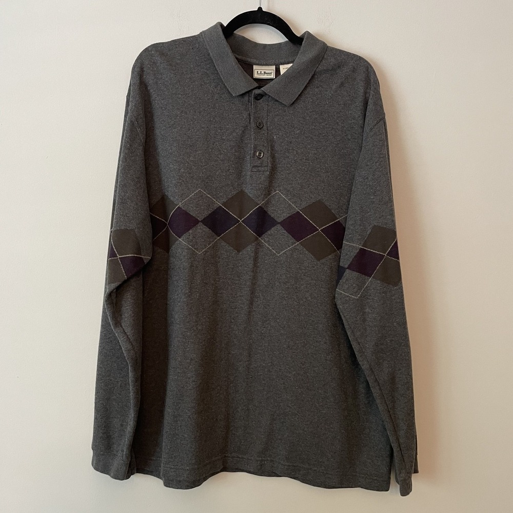 VTG LL Bean Mens Argyle Henley Shirt Gray XL Cotton Preppy Academia USA Hogwarts